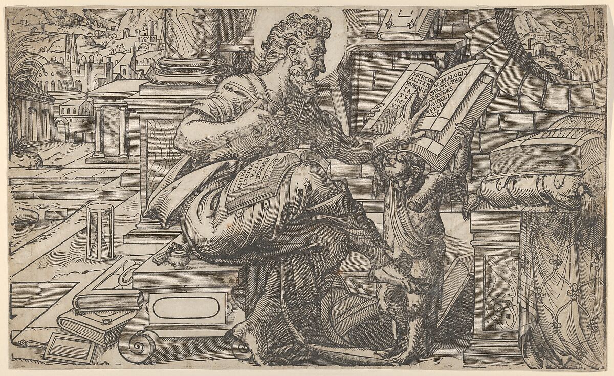 Saint Matthew seated and reading from a book held by a putto, set within a fanciful architectural backdrop, from a series of woodcuts of the Four Evangelists, copy after Rue Montorgueil woodcut, Anthony van Leest (Antwerp, ca. 1545–1592), Woodcut 