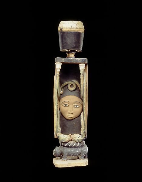 Ceremonial Drum with Power Animal (Hippopotamus?) Supporting Figurative Superstructure, Wood (Rinicodendron heudelotii Baill.), pigment, hide, mirror, Kongo peoples 
