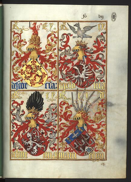 Livro da Nobreza e da Perfeição das Armas dos Reis Cristãos e Nobres Linhagens dos Reinos e Senhorios de Portugal (Book of Nobility and of the Perfection of the Coat of Arms of the Christian Kings and Noble Lineages of the Kingdoms and Landlords of Portugal), António Godinho  Portuguese, Pigment and gold on parchment, Portuguese