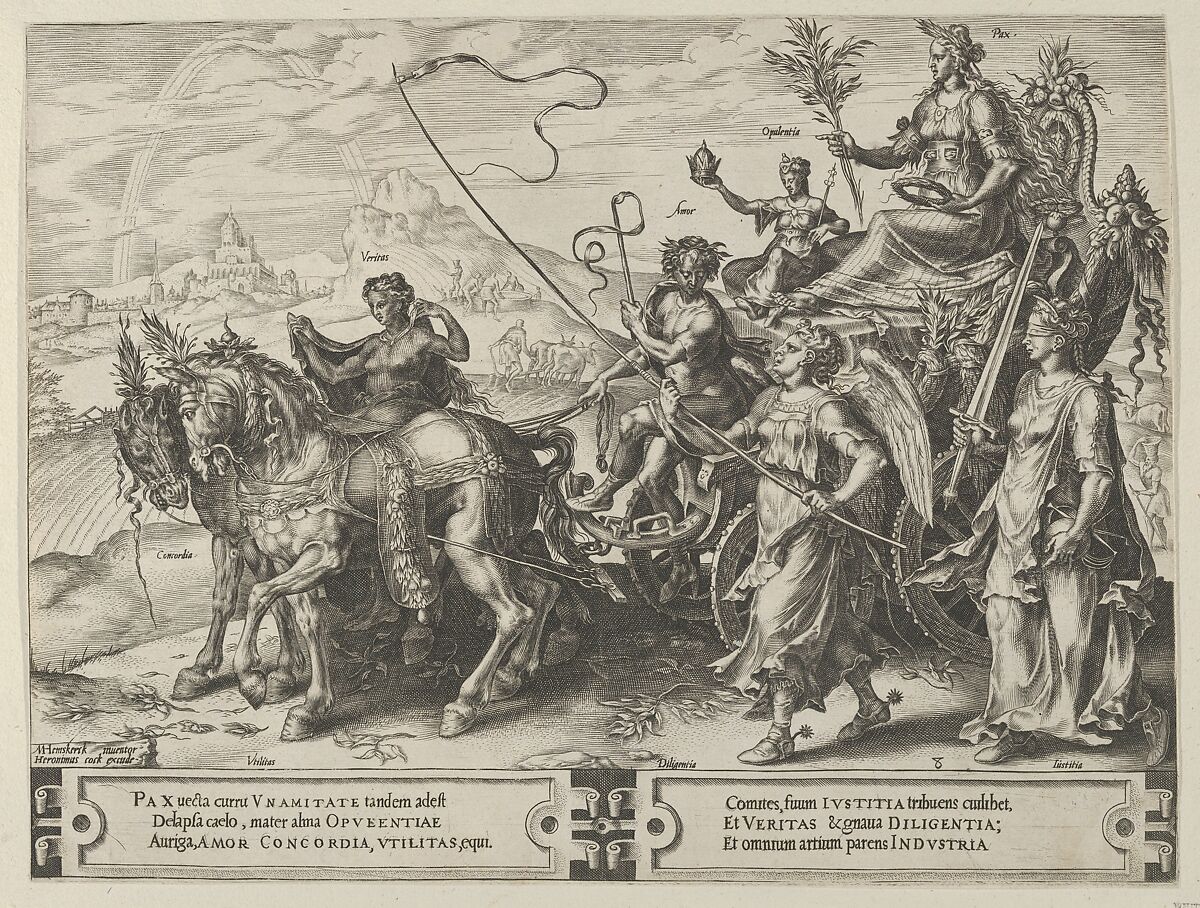 The Triumph of Peace, from The Cycle of the Vicissitudes of Human Affairs, plate 8, Cornelis Cort (Netherlandish, Hoorn ca. 1533–1578 Rome), Engraving; first state of three (New Hollstein) 