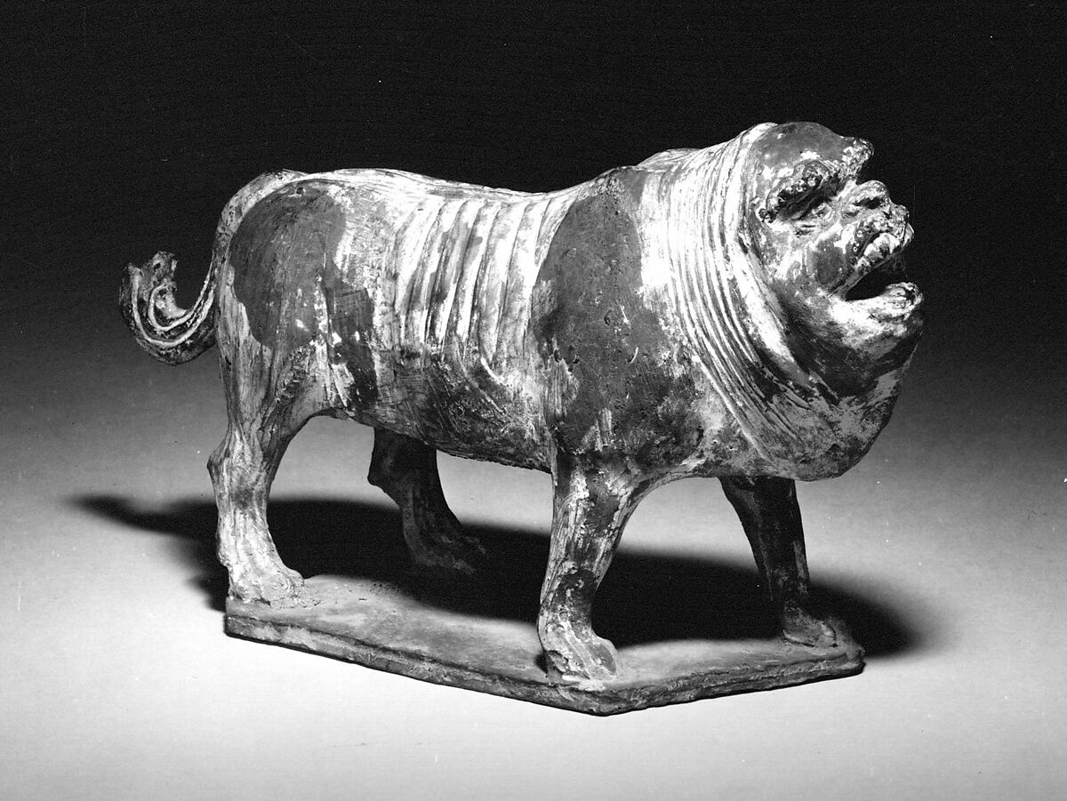 Tomb guardian beast, Earthenware with traces of pigment, China 