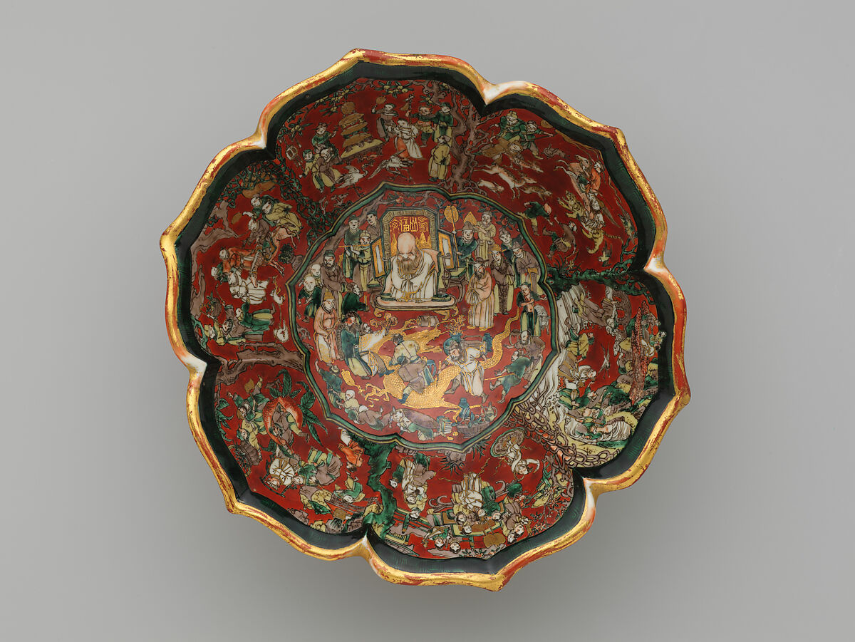 Hexagonal Foliated Bowl with Auspicious Chinese Themes and Sages, Aoki Mokubei (Japanese, 1767–1833), Porcelain with polychrome overglaze and gold decoration (Kyoto ware), Japan