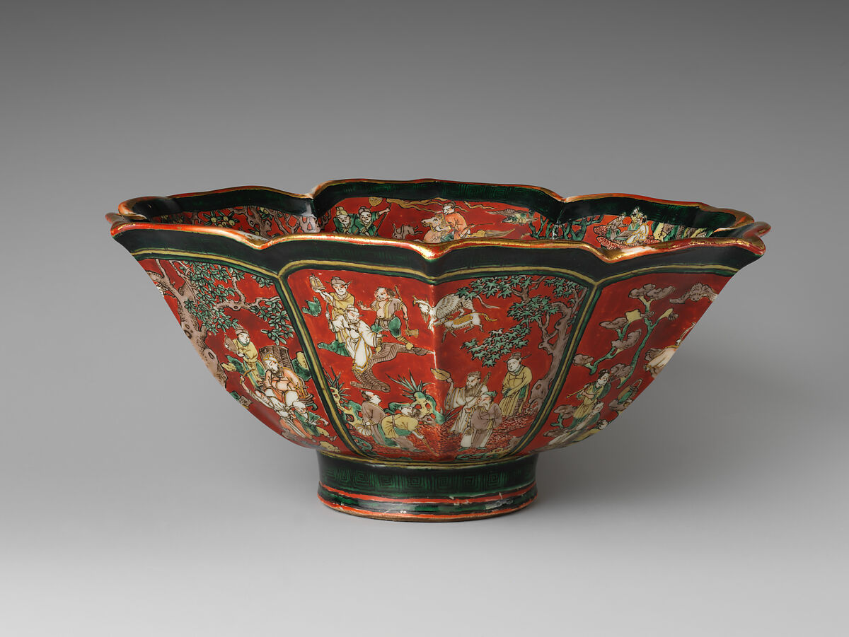 Hexagonal Foliated Bowl with Auspicious Chinese Themes and Sages, Aoki Mokubei (Japanese, 1767–1833), Porcelain with polychrome overglaze and gold decoration (Kyoto ware), Japan