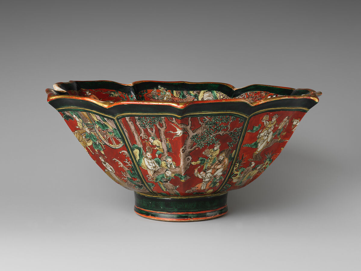 Hexagonal Foliated Bowl with Auspicious Chinese Themes and Sages, Aoki Mokubei (Japanese, 1767–1833), Porcelain with polychrome overglaze and gold decoration (Kyoto ware), Japan
