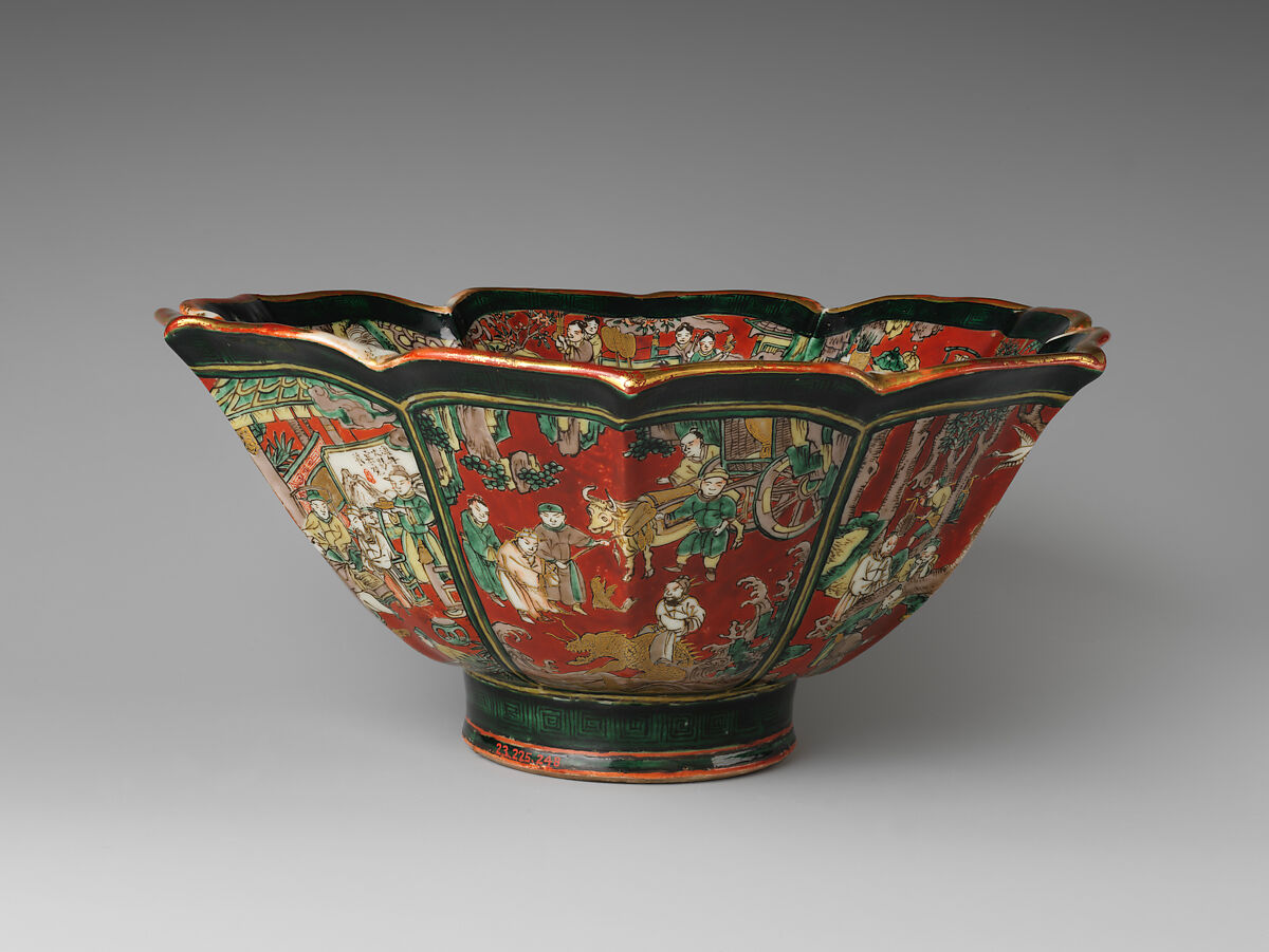 Hexagonal Foliated Bowl with Auspicious Chinese Themes and Sages, Aoki Mokubei (Japanese, 1767–1833), Porcelain with polychrome overglaze and gold decoration (Kyoto ware), Japan