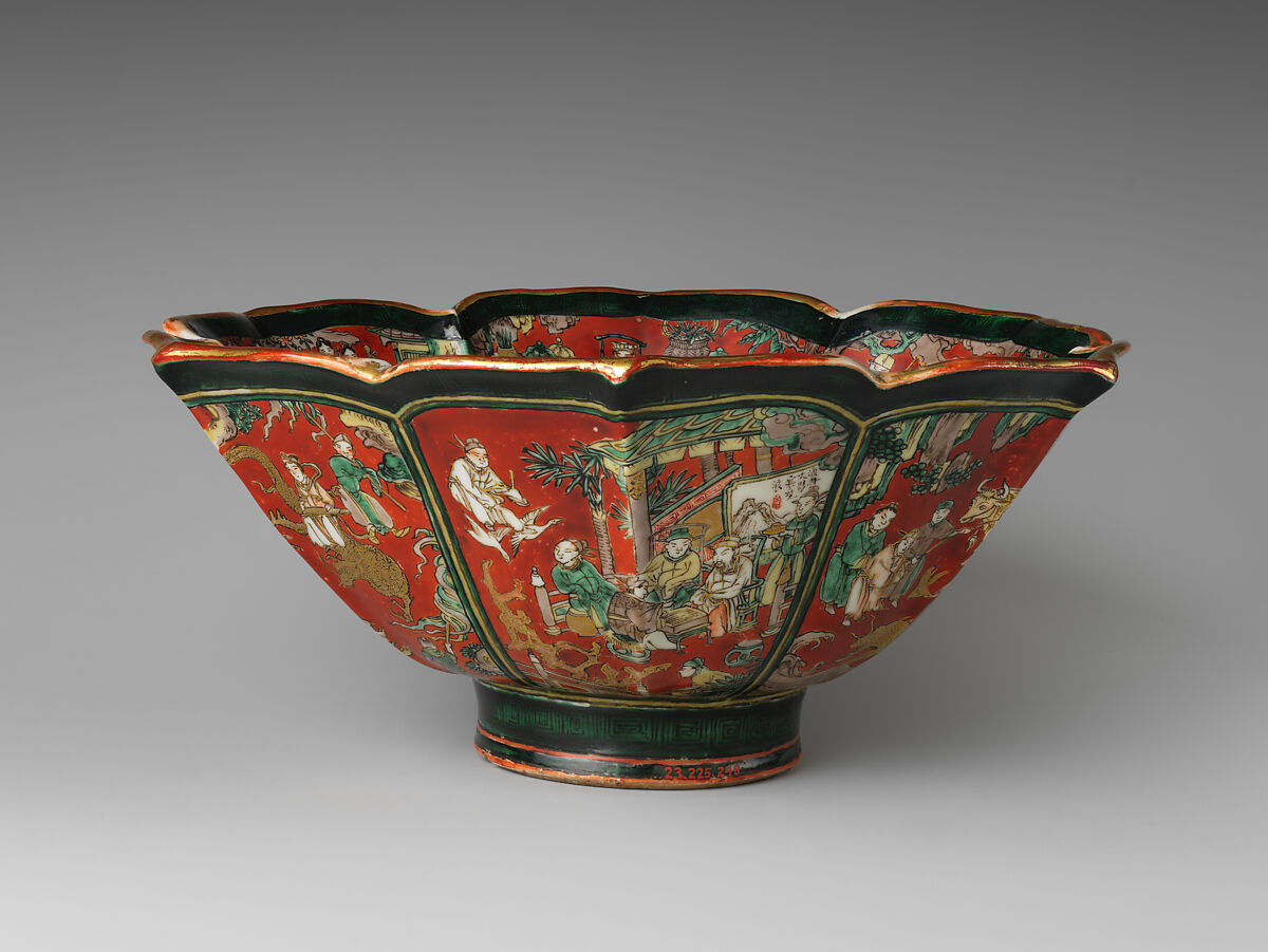 Hexagonal Foliated Bowl with Auspicious Chinese Themes and Sages, Aoki Mokubei (Japanese, 1767–1833), Porcelain with polychrome overglaze and gold decoration (Kyoto ware), Japan