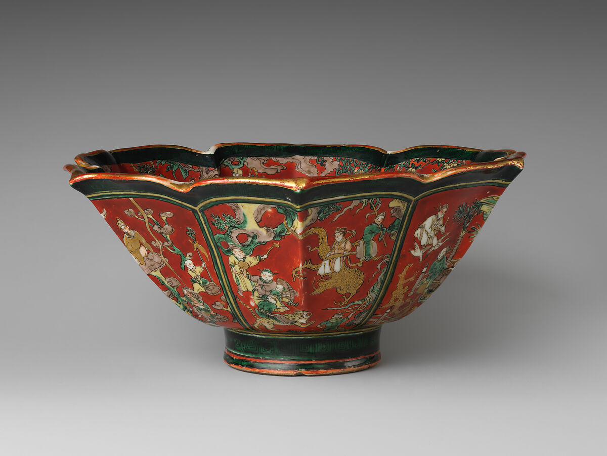 Hexagonal Foliated Bowl with Auspicious Chinese Themes and Sages, Aoki Mokubei (Japanese, 1767–1833), Porcelain with polychrome overglaze and gold decoration (Kyoto ware), Japan