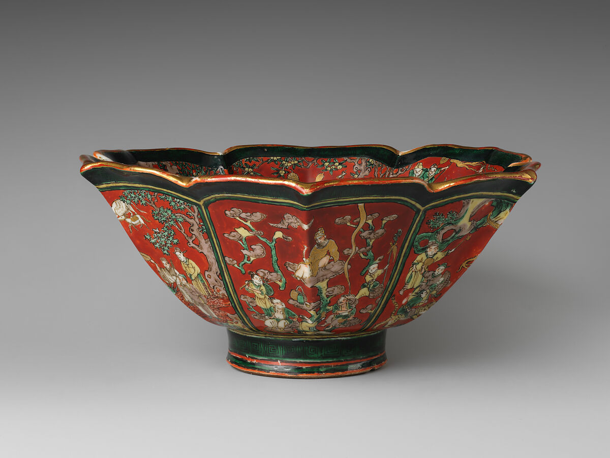 Octagonal Bowl with Auspicious Chinese Themes and Sages, Aoki Mokubei (Japanese, 1767–1833), Porcelain with polychrome overglaze and gold decoration (Kyoto ware), Japan 