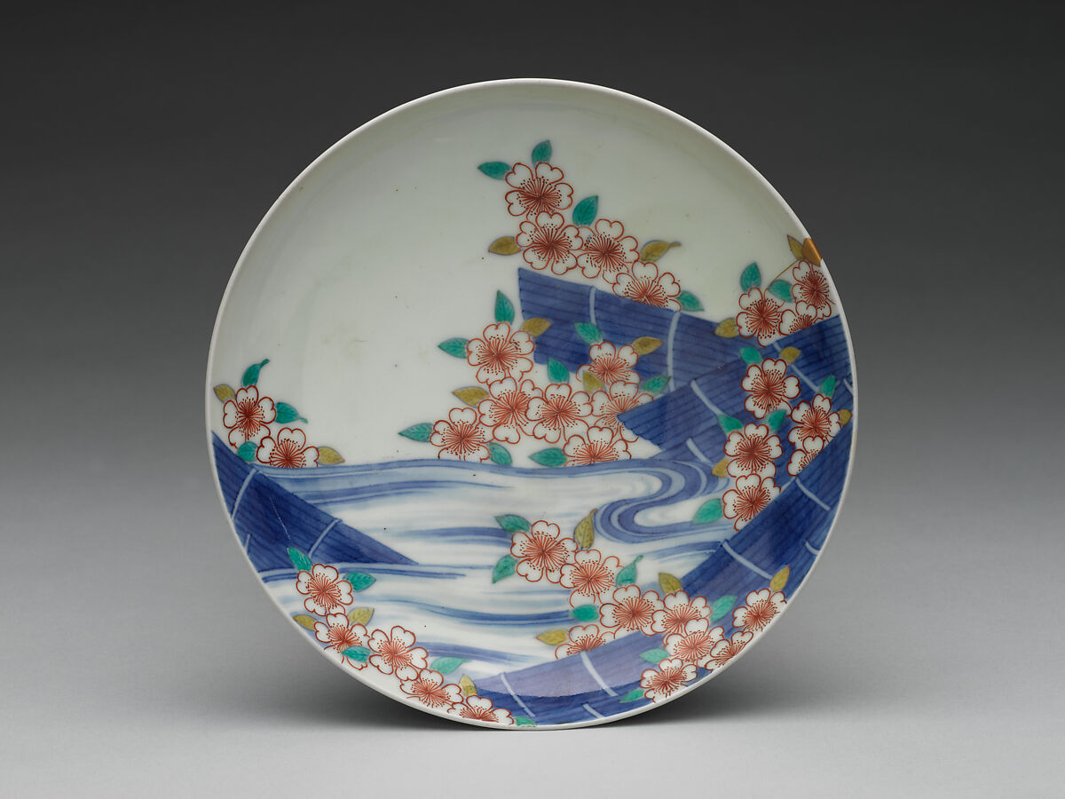 Dish with Cherry Blossom Rafts, Porcelain painted with cobalt blue under and polychrome enamels over a transparent glaze (Hizen ware, Nabeshima type), Japan