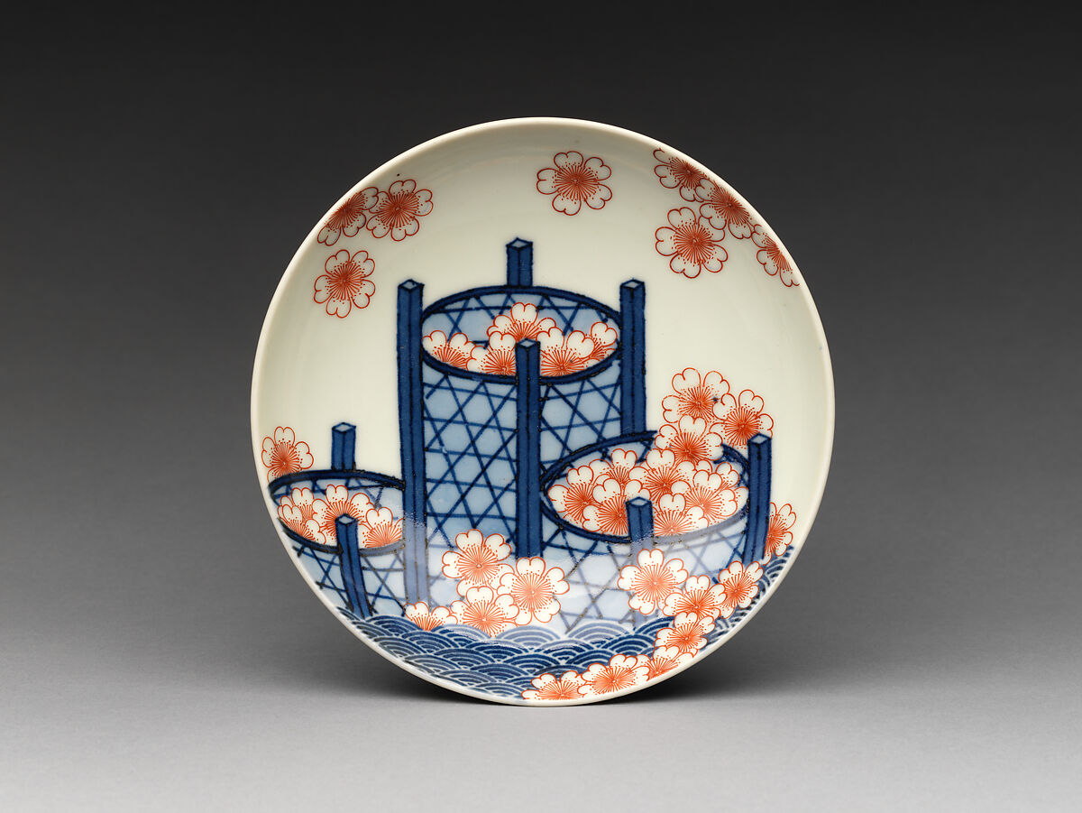 Small Dish with Cherry Blossoms in Bamboo Baskets, Porcelain painted with cobalt blue under and red enamel over a transparent glaze (Hizen ware, Nabeshima type), Japan 