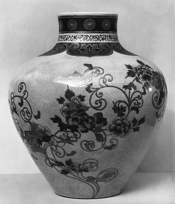 Jar with Scrolling Peony Design, Faience with crackled glaze; decoration in colored enamels and gold (Satsuma ware), Japan 