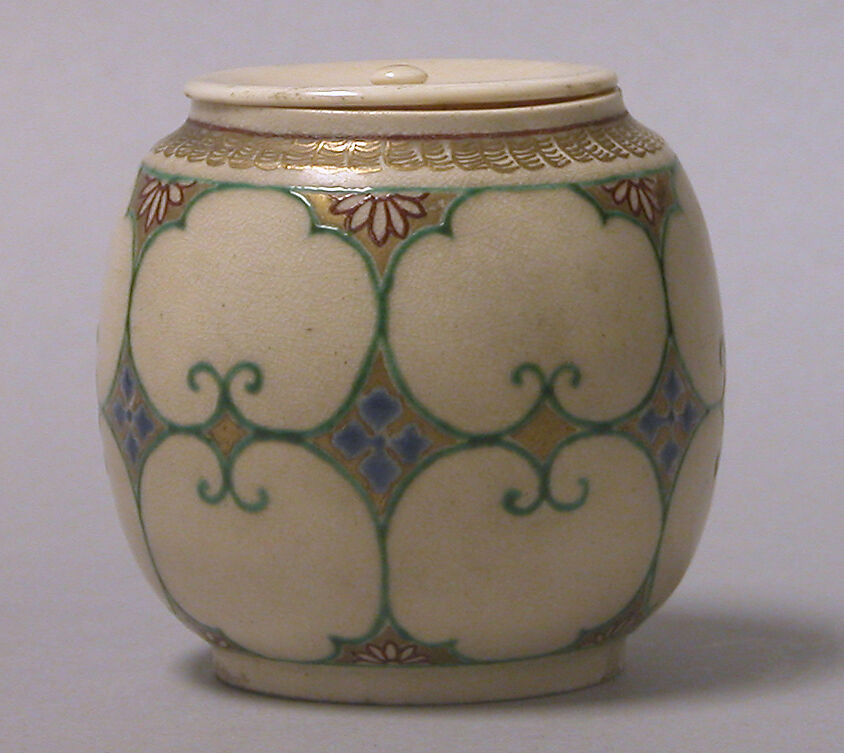 Tea jar, Pottery decorated with colored enamels on a finely crackled ground; ivory lid (Satsuma ware), Japan 