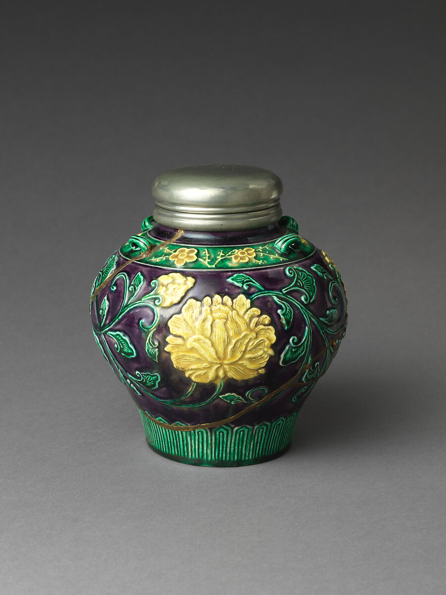 Sencha Tea Jar with Peony Arabesque and Plum in Cochin (Kōchi) Style, Eiraku Tokuzen (Japanese, 1853–1909), Stoneware with relief decoration and poly­chrome glazes; imitation gold lacquer repair (kintsugi); pewter cover (Kyoto ware, Eiraku type), Japan 