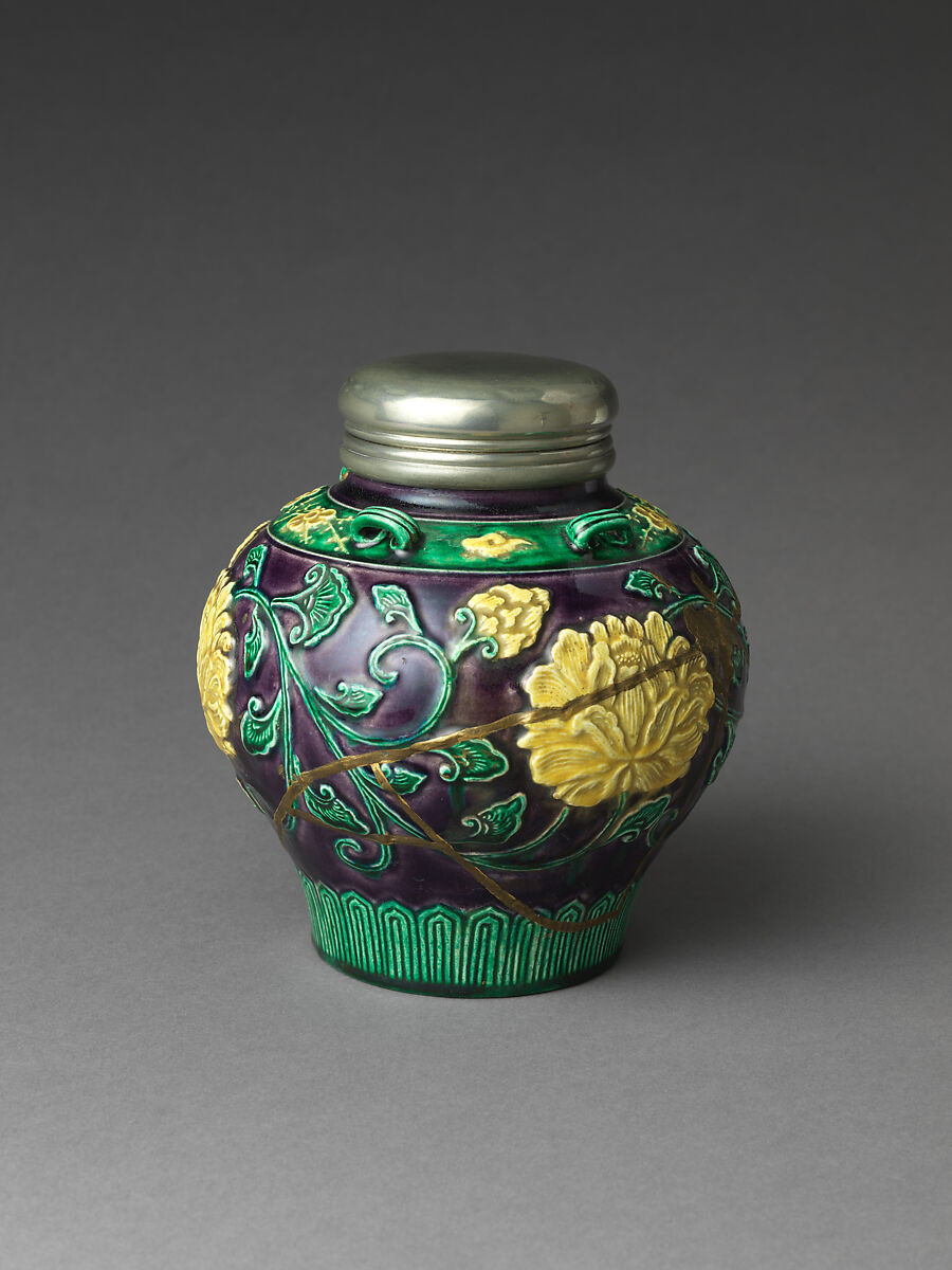 Sencha Tea Jar with Peony Arabesque and Plum in Cochin (Kōchi) Style, Eiraku Tokuzen (Japanese, 1853–1909), Stoneware with relief decoration and poly­chrome glazes; imitation gold lacquer repair (kintsugi); pewter cover (Kyoto ware, Eiraku type), Japan