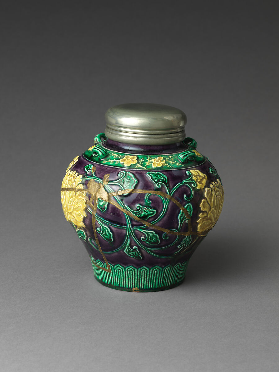 Sencha Tea Jar with Peony Arabesque and Plum in Cochin (Kōchi) Style, Eiraku Tokuzen (Japanese, 1853–1909), Stoneware with relief decoration and poly­chrome glazes; imitation gold lacquer repair (kintsugi); pewter cover (Kyoto ware, Eiraku type), Japan