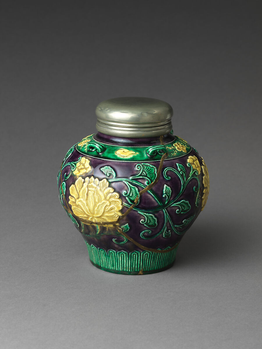Sencha Tea Jar with Peony Arabesque and Plum in Cochin (Kōchi) Style, Eiraku Tokuzen (Japanese, 1853–1909), Stoneware with relief decoration and poly­chrome glazes; imitation gold lacquer repair (kintsugi); pewter cover (Kyoto ware, Eiraku type), Japan