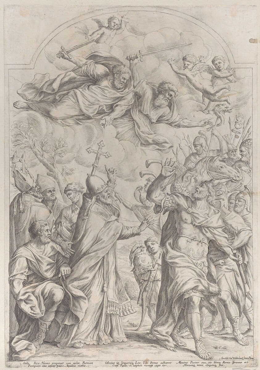 Pope Leo repulses Atilla from the gates of Rome and points to Saints Peter and Paul overhead, Giuseppe Maria Mitelli (Italian, Bologna (?) 1634–1718 Bologna), Etching; second state of two (Bertarelli) 
