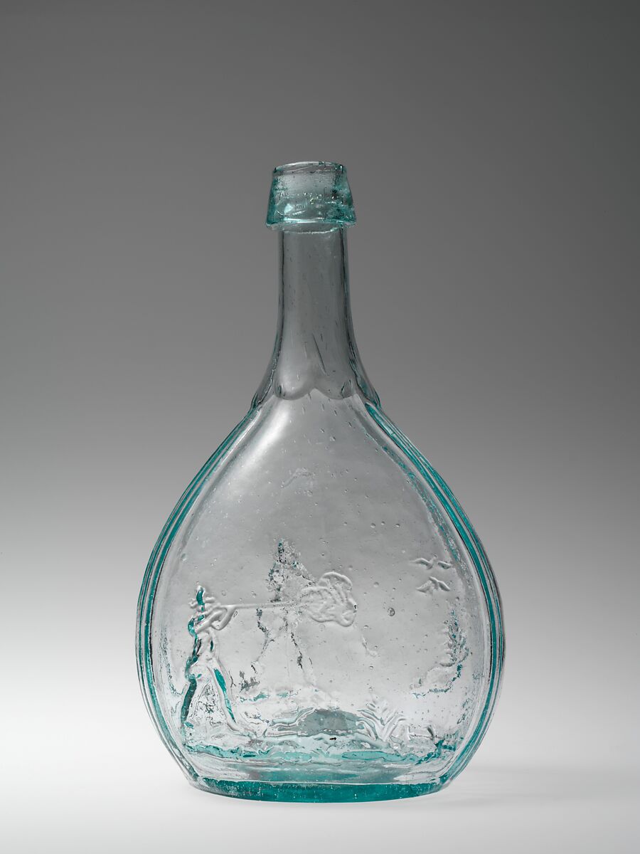 Figured bottle, Blown-molded glass, American 