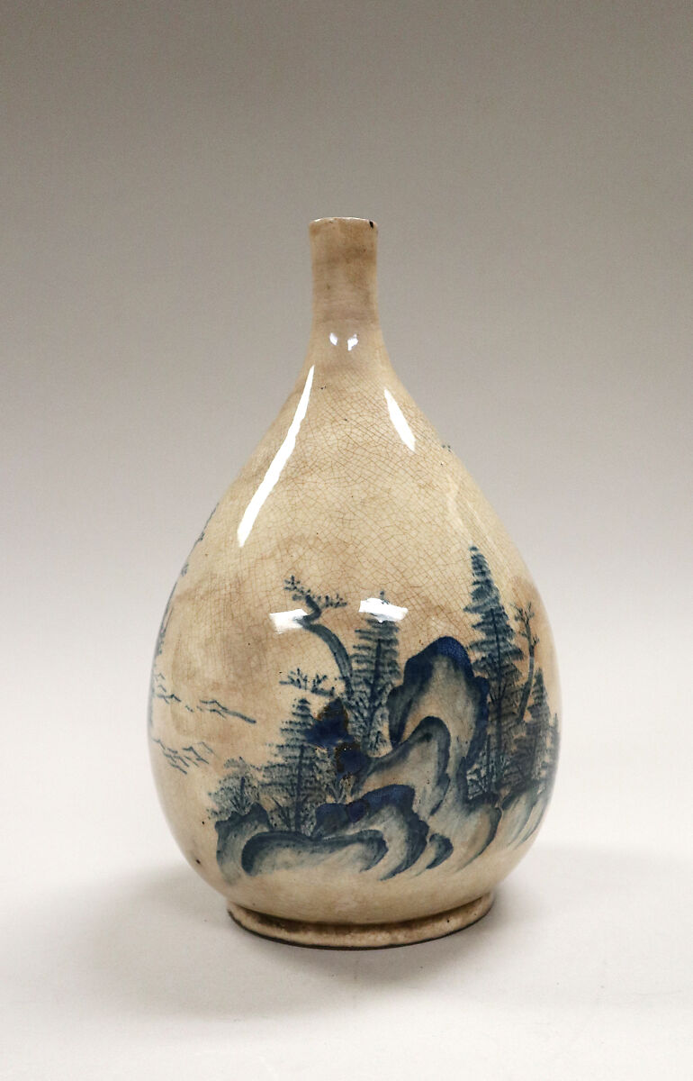 Bottle, Clay, finely crackled glaze with stains; decoration in underglaze blue (Kiyomizu ware), Japan