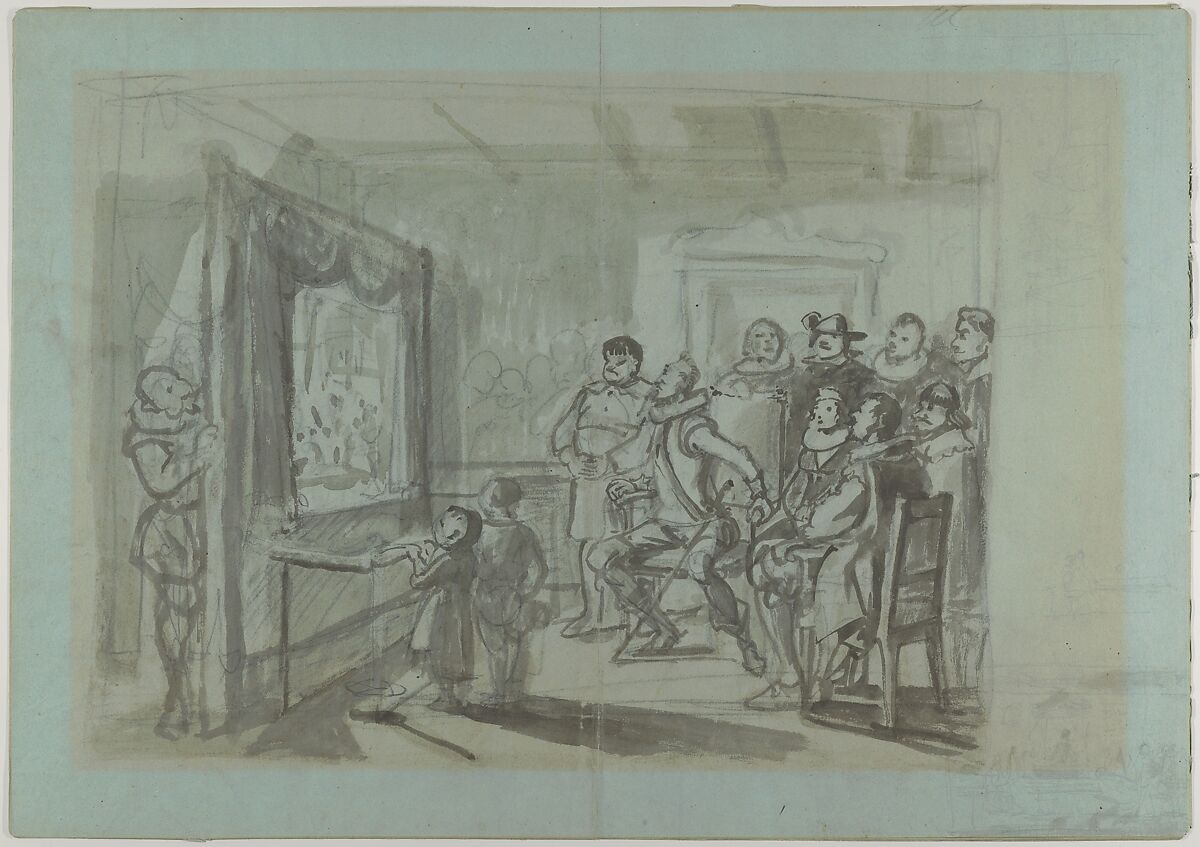 King Christian IV of Denmark Judging Christoffer Rosenkrantz; verso: Don Quixote and Others Attending Master Peter's Puppet Show, Wilhelm Marstrand (Danish, Copenhagen 1810–1873 Copenhagen), Brush and gray ink, over black chalk and graphite, on blue paper