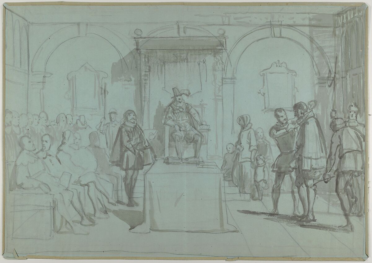 King Christian IV of Denmark Judging Christoffer Rosenkrantz; verso: Don Quixote and Others Attending Master Peter's Puppet Show, Wilhelm Marstrand (Danish, Copenhagen 1810–1873 Copenhagen), Brush and gray ink, over black chalk and graphite, on blue paper 