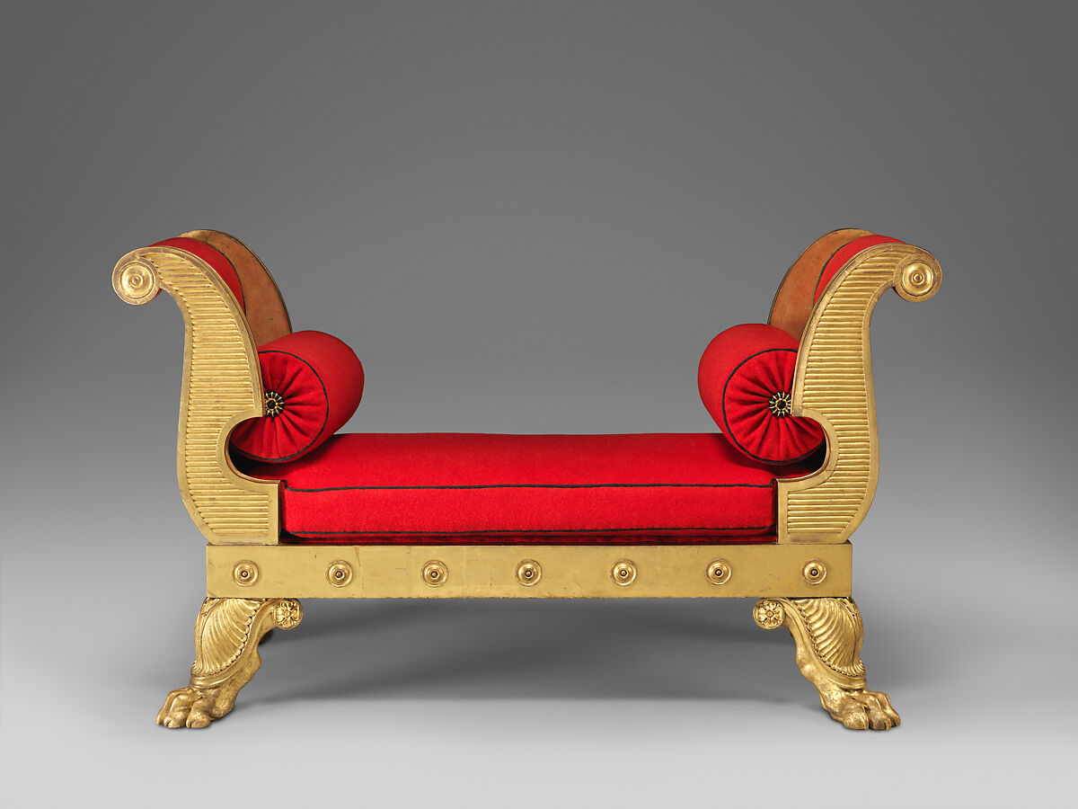 Gilded-wood bench, Thomas Hope (British (born Holland), Amsterdam 1769–1831 London), Gilded mahogany, modern wool cover and silk trims, British