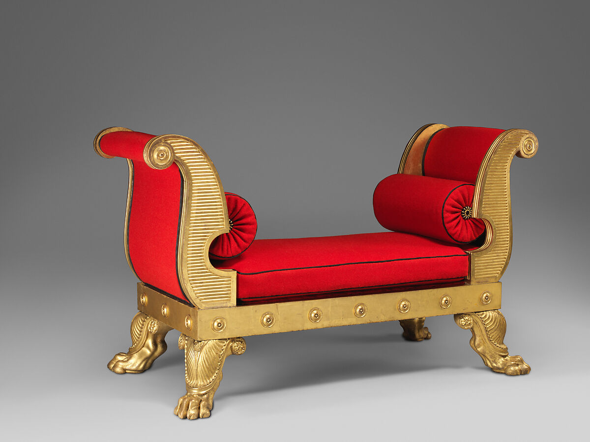 Gilded-wood bench, Thomas Hope (British (born Holland), Amsterdam 1769–1831 London), Gilded mahogany, modern wool cover and silk trims, British 