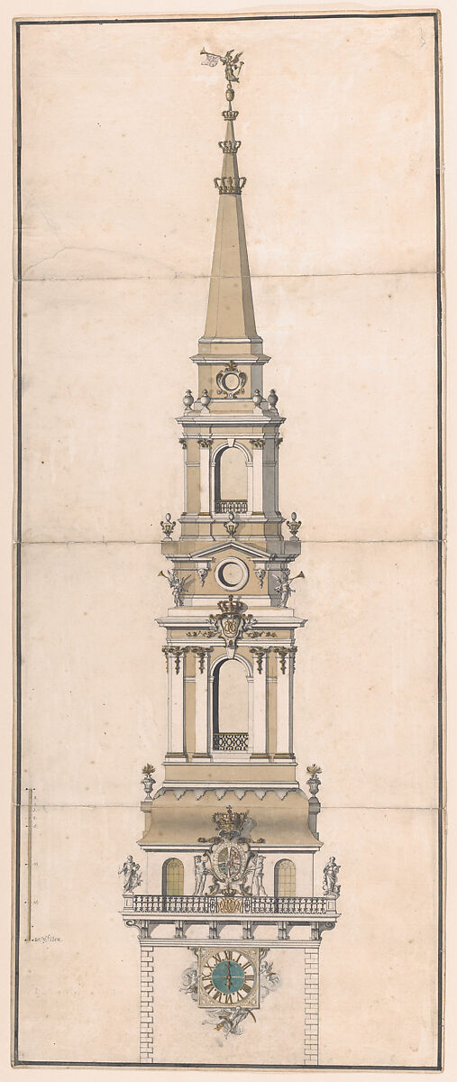 Design for the Spire of the Church of Our Lady in Copenhagen, Vincents Lerche (Danish, Copenhagen 1666–1742 Copenhagen), Pen and black ink with watercolor 