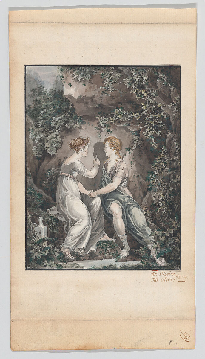 The Invention of the Art of Drawing (the daughter of Butades of Sicyon and her Lover), (Johann Heinrich) Ferdinand Olivier  German, Pen and gray ink, watercolor; framing line in pen and black ink, by the artists