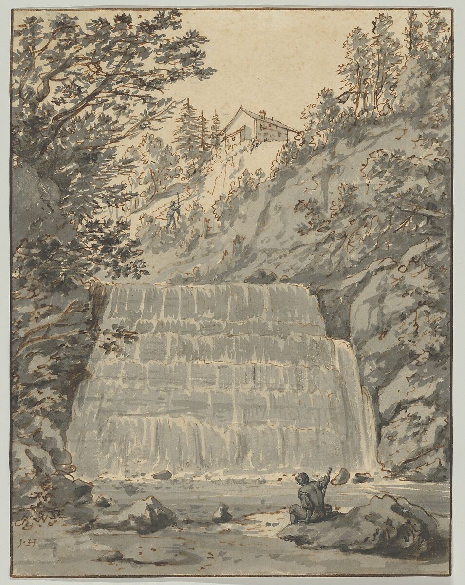 A Waterfall in Switzerland (near Lausanne?) with a Resting Wayfarer, Jan Hackaert (Dutch, Amsterdam 1628–1685 Amsterdam), Pen and brown ink, brush and gray ink; framing line in pen and brown ink, probably by the artist 