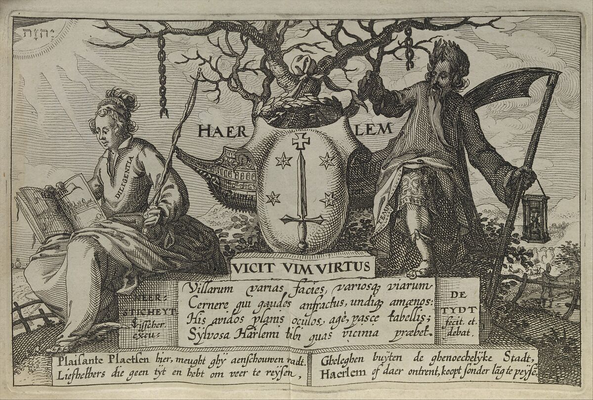 Views of the Surroundings of Haarlem (Beschryvinge ende lof der stad Haerlem in Holland. In rijm bearbeyd: ende met veele oude ende nieuwe stucken buyten dicht uyt verscheyde kroniken, handvesten, brieven, memorien ofte geheugenissen ende diergelijke schriften verklaerd ende bevestigd), Claes Jansz. Visscher (Dutch, Amsterdam 1586–1652 Amsterdam), Vellum bound book with letterpress text with engraved and etched illustrations and a woodcut printer's mark, with a set of etchings tipped in at the back 