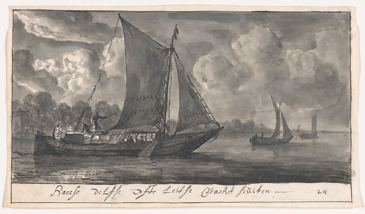 Night Ferries to The Hague, Delft and Leiden, Reinier Nooms, called Zeeman (Dutch, Amsterdam ca. 1623–1664 Amsterdam), Pen and black ink, brush and gray ink; framing line in brush and black ink, by the artist; incised for transfer 