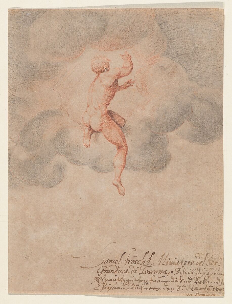 A Nude Male Seen from the Back in Clouds (after Michelangelo Buonarroti), Daniel Fröschl (German, Augsburg 1563–1613 Prague), Red and black chalk 