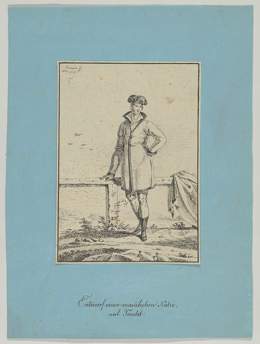 Design for a Male National Costume, Johann Andreas Boerner (German, Nuremberg 1785–1862 Nuremberg), Pen and black ink, on oatmeal paper 