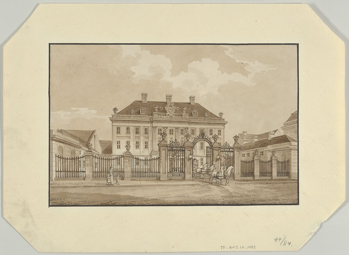 The facade of Schimmelmann's Mansion on Bredgade, Copenhagen, from the North-West, Heinrich Gustav Ferdinand Holm (Danish, Berlin 1803–1861 Copenhagen), Pen and brown ink, brush and brown wash, over graphite; framing lines in pen and black ink, by the artist 