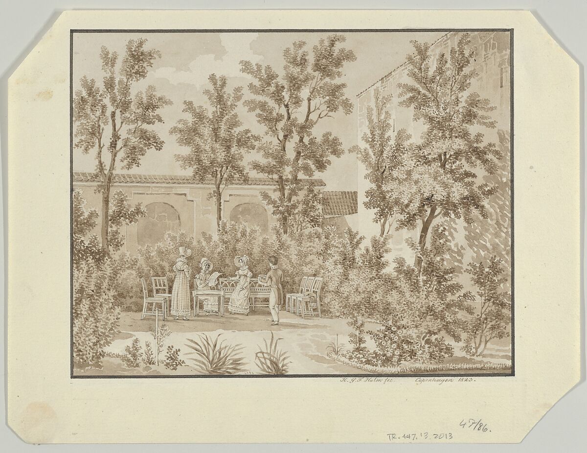 The Garden behind Schimmelmann's Mansion on Bredgade, Copenhagen, Heinrich Gustav Ferdinand Holm (Danish, Berlin 1803–1861 Copenhagen), Pen and brown ink, brown wash, over graphite; framing line in pen and black ink, by the artist 