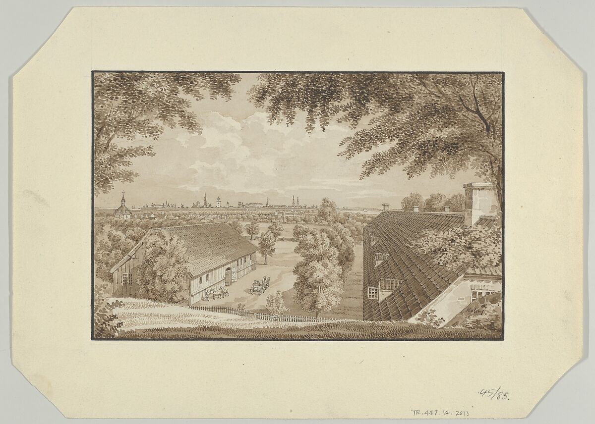 View of the Town of Frederiksberg from the West, with Copenhagen on the Horizon, Heinrich Gustav Ferdinand Holm  Danish, Pen and brown ink, brush and brown wash, over graphite; framing line in pen and black ink, by the artist