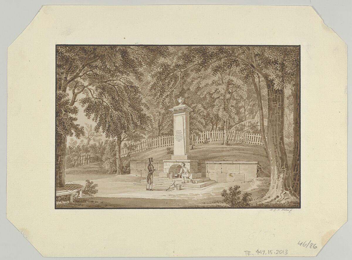 Emiliekilde (Emilie's Spring) in Gentofte, Heinrich Gustav Ferdinand Holm (Danish, Berlin 1803–1861 Copenhagen), Pen and brown ink, brown wash, over graphite; framing line in pen and black ink, by the artist 