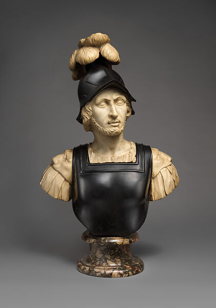 Male warrior probably representing Mars, Bust: white and black stone marble; socle: variegated red, black and gray/pink marble, possibly Flemish 