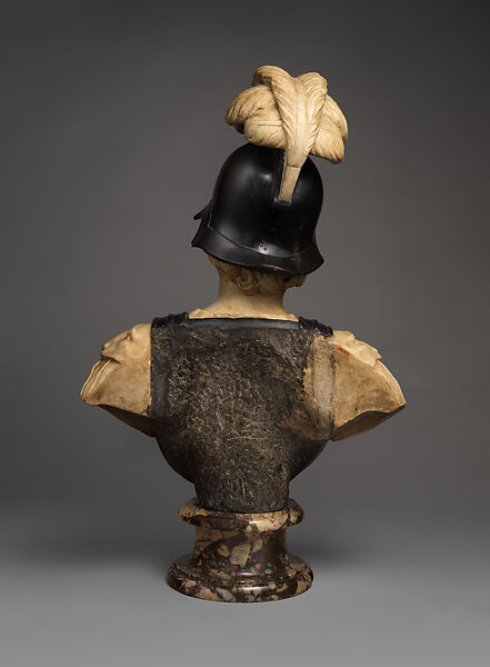 Male warrior probably representing Mars, Bust: white and black stone marble; socle: variegated red, black and gray/pink marble, possibly Flemish