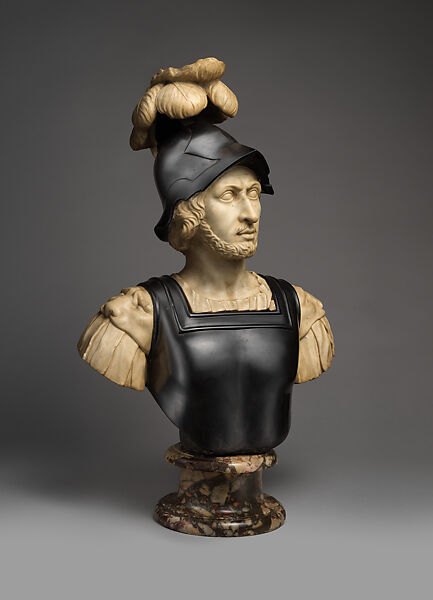 Male warrior probably representing Mars, Bust: white and black stone marble; socle: variegated red, black and gray/pink marble, possibly Flemish