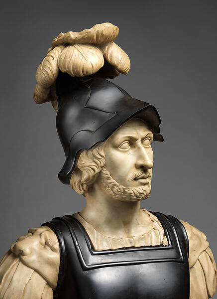 Male warrior probably representing Mars, Bust: white and black stone marble; socle: variegated red, black and gray/pink marble, possibly Flemish