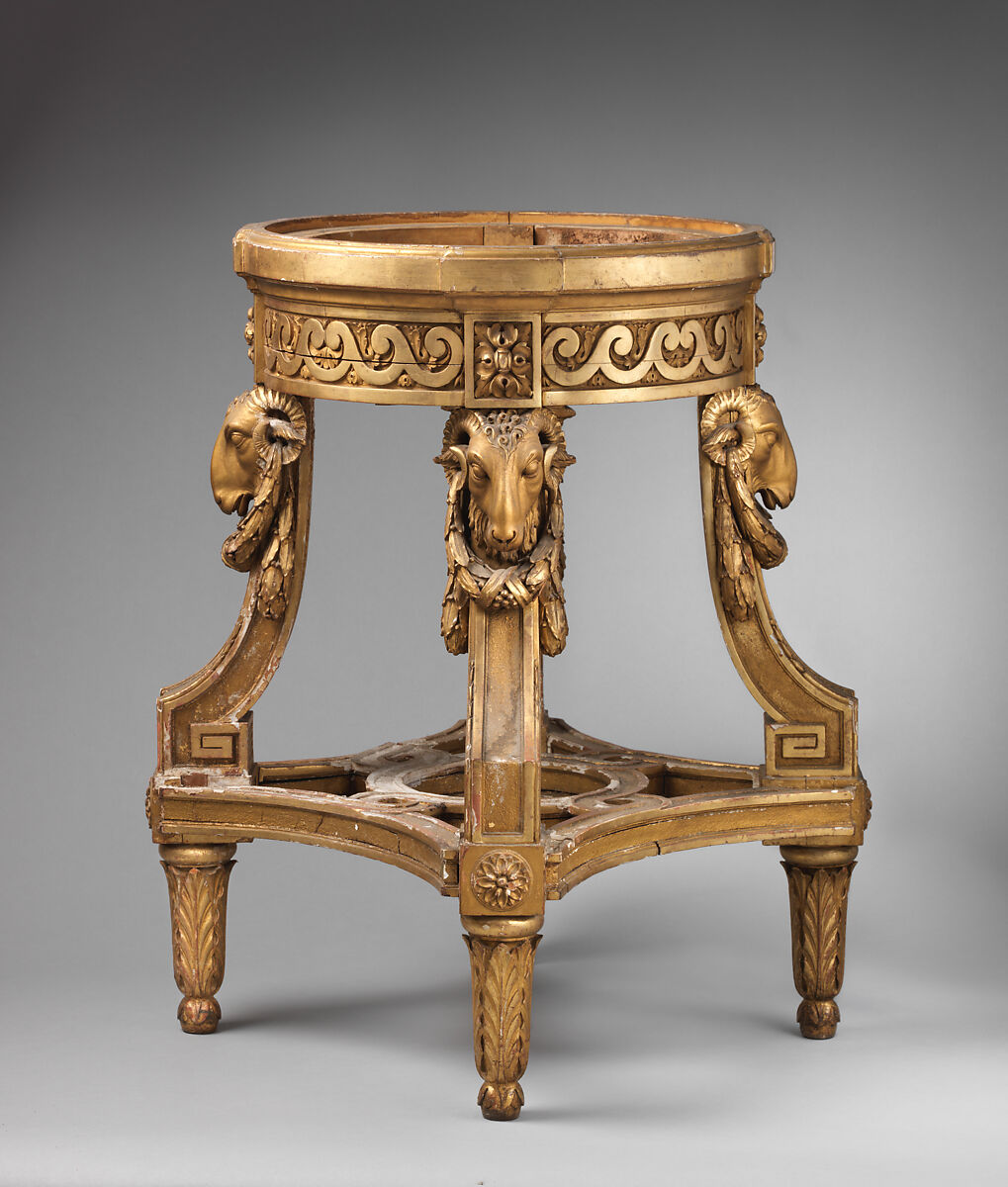 Vase stand with rams’ heads and carved neoclassical decoration, Gilded wood, French or Dutch 