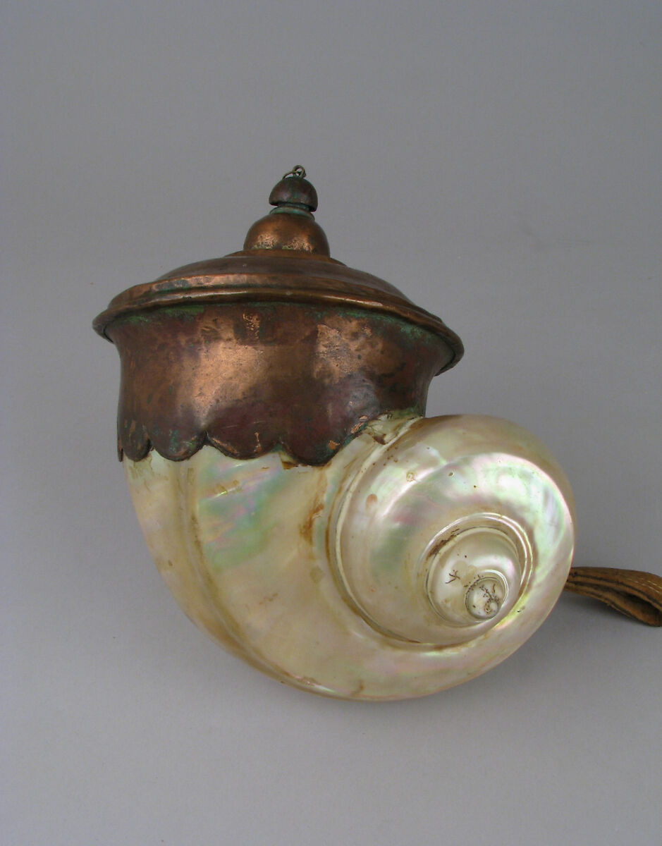 Covered container, Green Turban shell, copper, Indian, Gujarat 