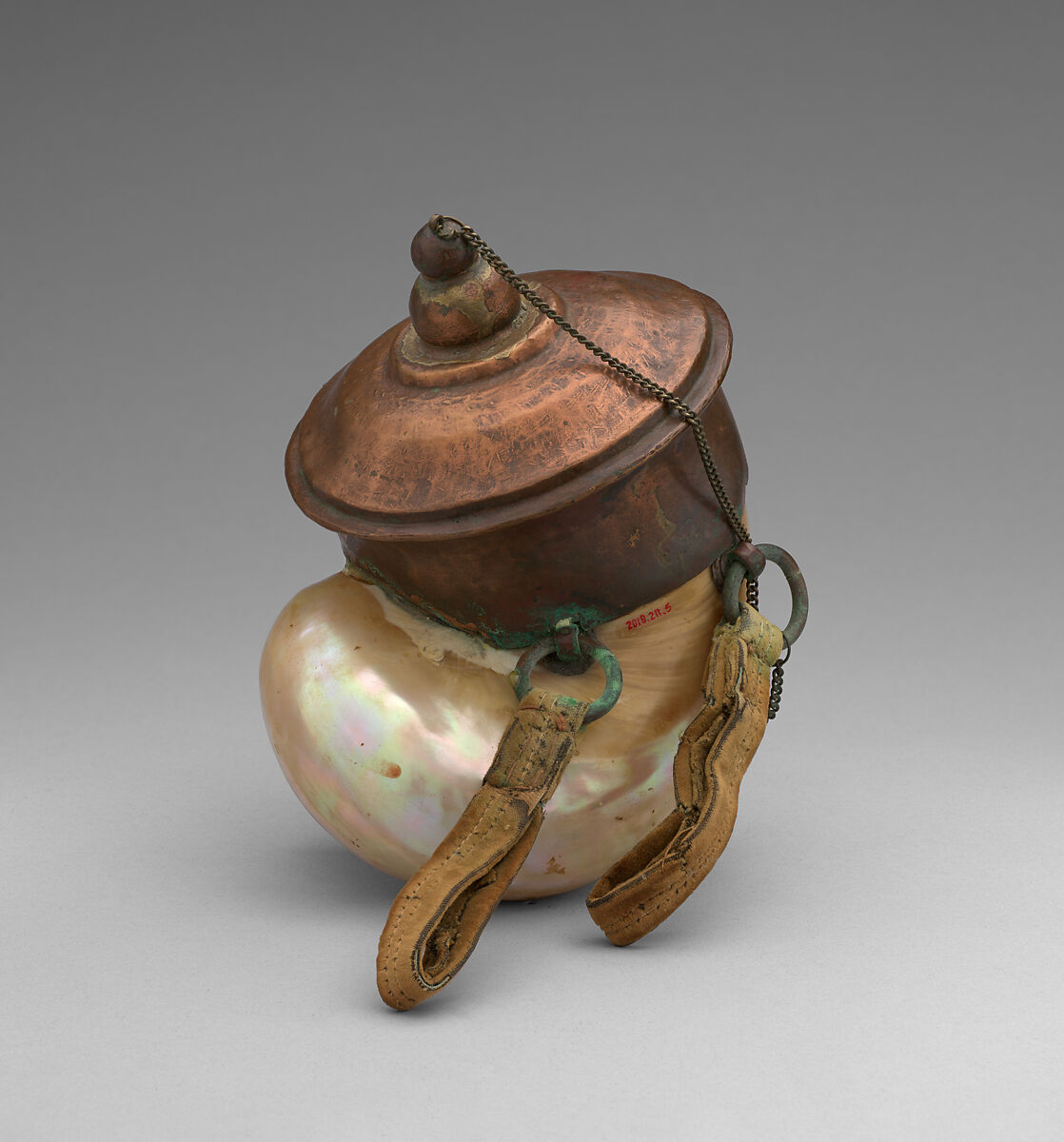 Covered container, Green Turban shell, copper, Indian, Gujarat