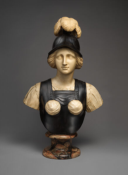 Female warrior probably representing Minerva, Bust: white and black stone marble; socle: variegated red, black and gray/pink marble, possibly Flemish 