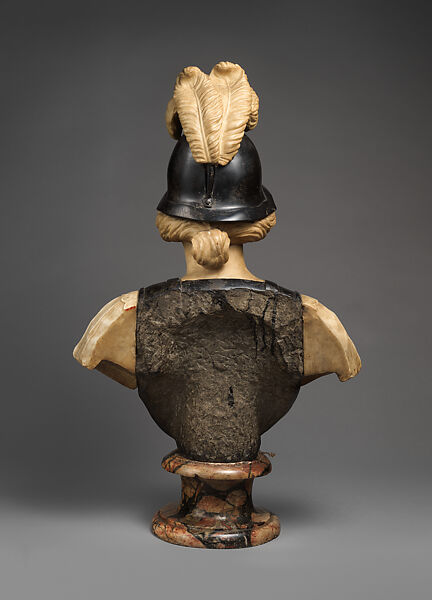 Female warrior probably representing Minerva, Bust: white and black stone marble; socle: variegated red, black and gray/pink marble, possibly Flemish