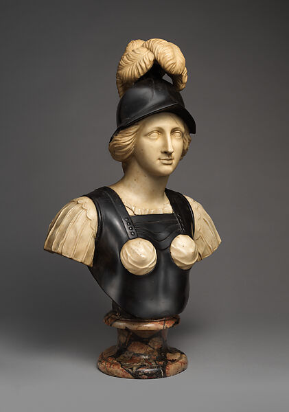 Female warrior probably representing Minerva, Bust: white and black stone marble; socle: variegated red, black and gray/pink marble, possibly Flemish