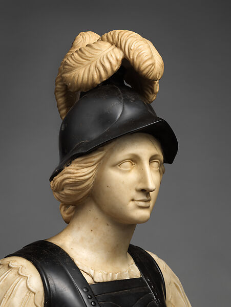 Female warrior probably representing Minerva, Bust: white and black stone marble; socle: variegated red, black and gray/pink marble, possibly Flemish