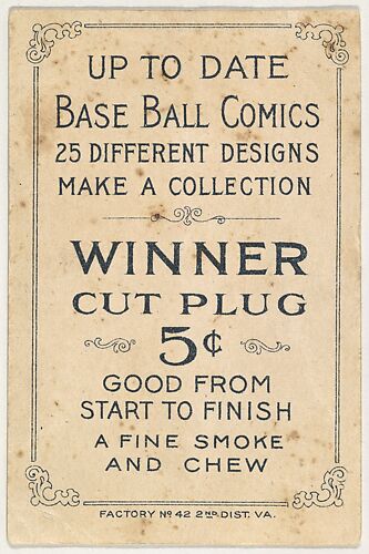 Card verso from the Baseball Comics series (T203) promoting Winner Cut Plug Tobacco